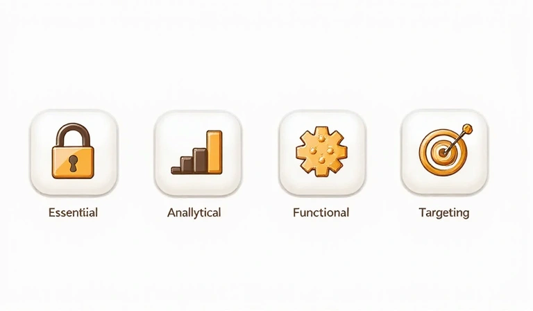 Visual representation of different types of cookies, each with a distinct icon for essential, analytical, functional, and targeting.