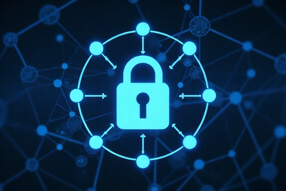 A padlock icon overlaid on a network of connected dots, representing data security and third-party sharing.
